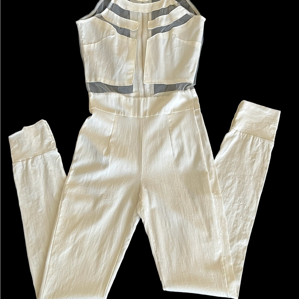 cream White pull on jump suit  sizeM sheer design-sleeveless zip back